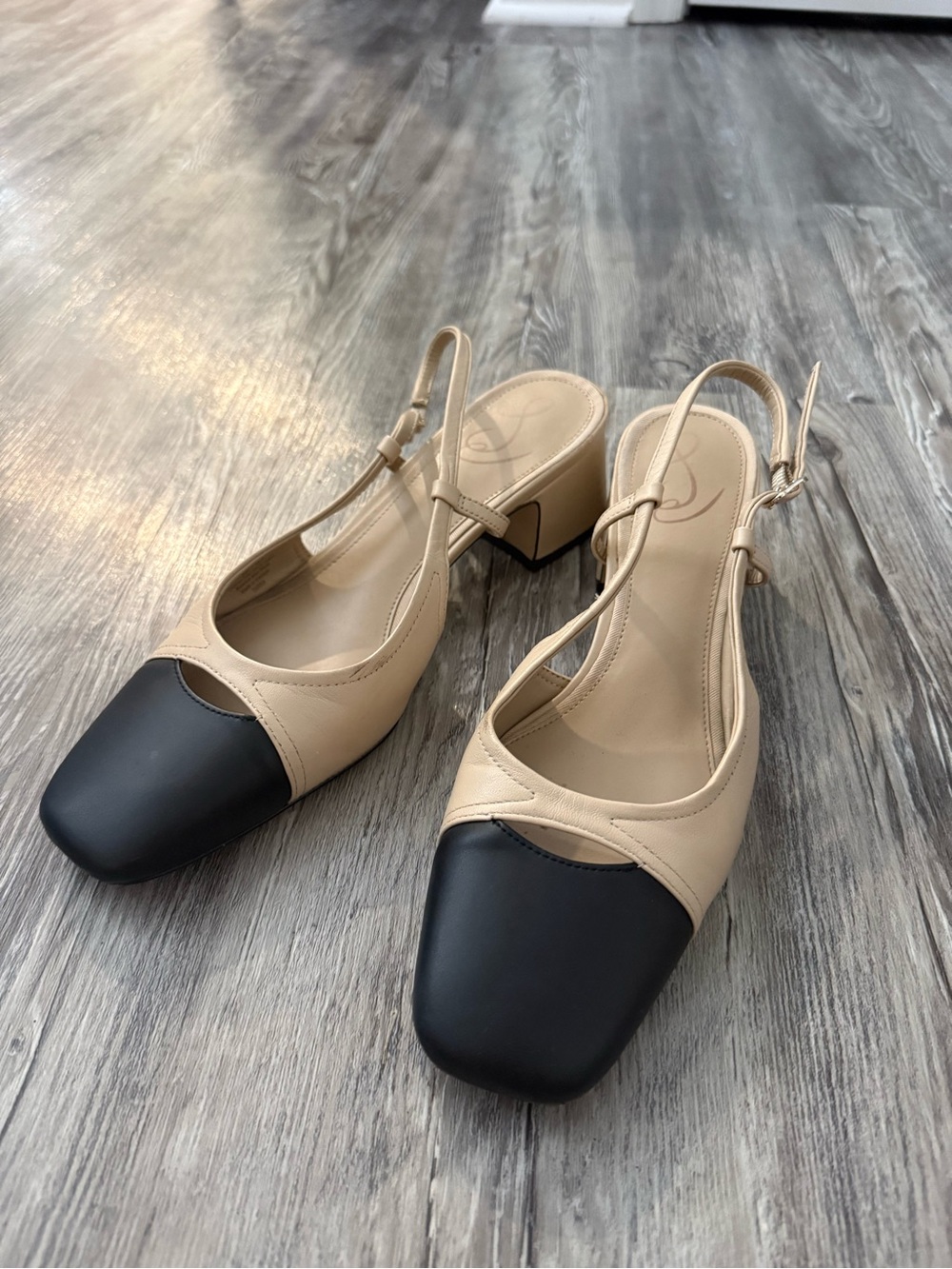Sam Edelman Nude and Black Square-Toe Slingback Heels